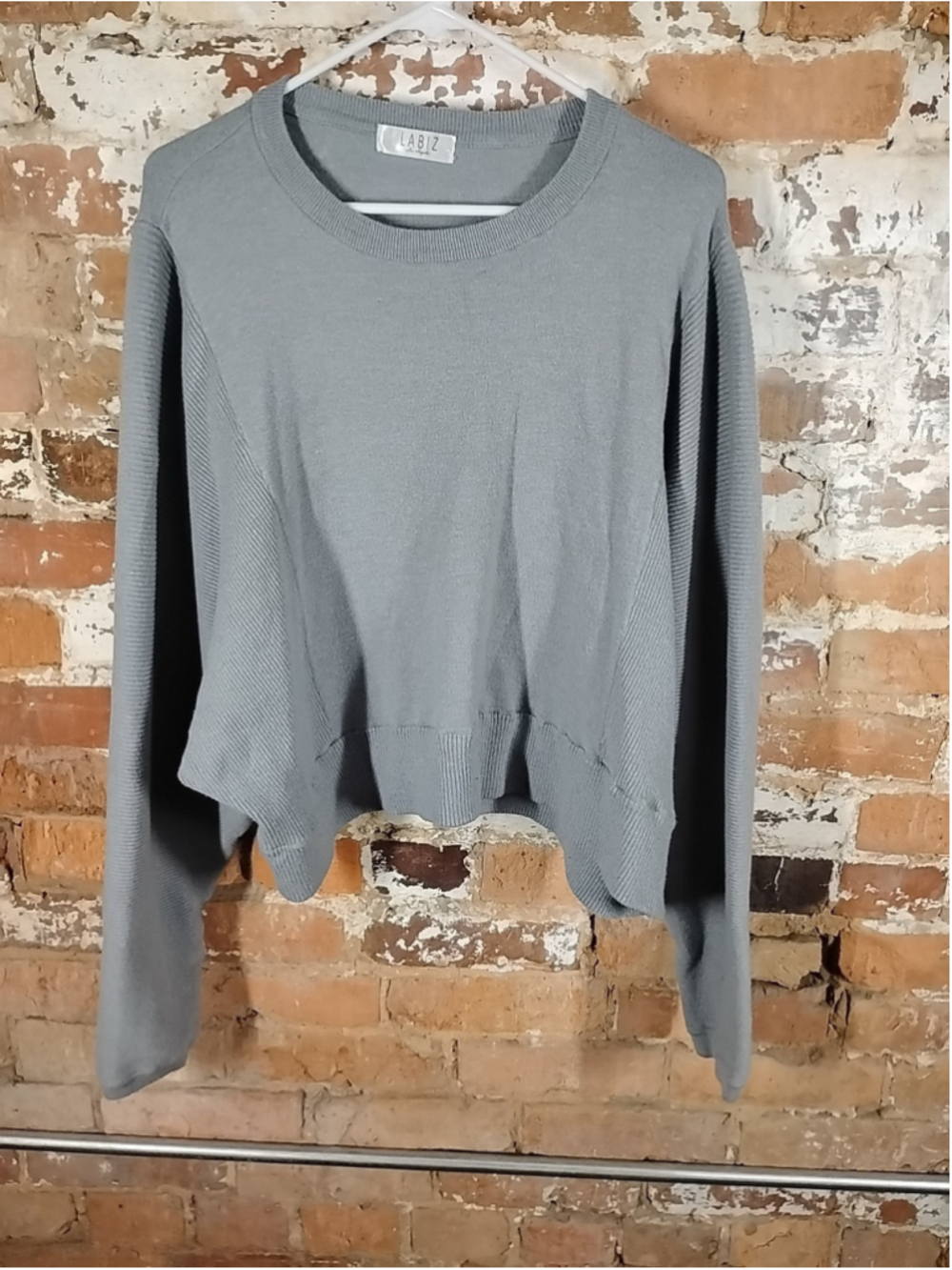 LaBiz Oversized Cropped Grey Pullover Sweater Medium Boho Ribbed Knit